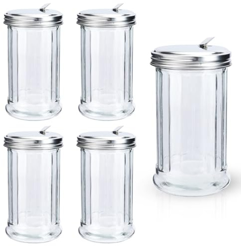 Zoyiancy 5PCS Sugar Dispenser, Clear Retro Glass with Stainless Steel Lid | Kitchen Salt and Spice Shakers for Counter, Coffee, Bar, Restaurant or Daily Household Use(350 ml)
