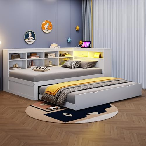 Tagesbett Schlafsofa 90x200 cm, Holzbett Multifunktionsbett mit Ausziehbarem Bett&USB-Steckdose&LED-Licht&Mehreren Ablagefächern&Regalen, Einzelbett Massivholzbett mit Lattenrost, Ohne Matratze, Weiß