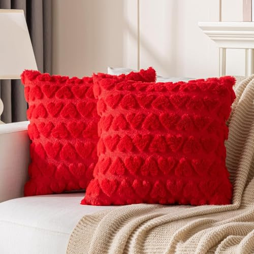 Kissenbezug Herz 45x45 cm 2er Set, Herz Deko Plüsch Kissenbezüge 45x45 Zimmer Deko Aesthetic Liebe Kissenhülle Romantische Modern Zierkissenbezüge für Schlafzimmer Wohnzimmer Deko (Rot, 45x45 cm)
