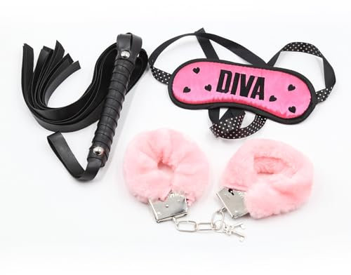Oggetti di scena 3 pezzi - Manette di peluche, frusta con nappe, bende estensibili, kit per la rappresentazione sul palcoscenico-ITRB128 (Rosa)