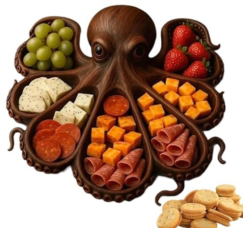 Placa de madera – Plato de cena de madera | Creativo Nautical Wood Serving Tably, Theme Board con 8 diseños de tentáculos, para queso, carne, frutas y mariscos, para amantes de los mariscos