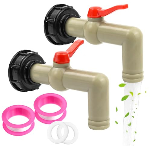 2 Stück IBC Auslaufhahn, IBC Wasserhahn Kugelhahn 1 Zoll mit Tülle 32mm, IBC Adapter S60x6 Grobgewinde, IBC Tank Zubehör, 90° Auslaufventil, für IBC Container, Wassertank, Regentonne(DN40/50)