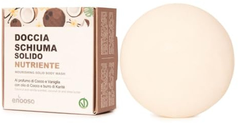 Enooso - Docciaschiuma Solido Nutriente COCCO e VANIGLIA - Bagnoschiuma per pelli secche 100% Vegano Artigianale Naturale - Made in Italy, 80 gr
