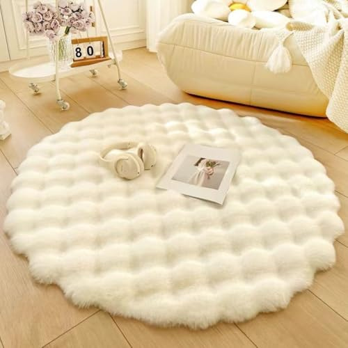 Nyescasa Hochflor Teppich Rund Langflor Wohnzimmer Weiß 160cm | Modern Flauschig Weich Runder Kunstfell Teppich für Wohnzimmer Kinderzimmer Schlafzimmer Flur