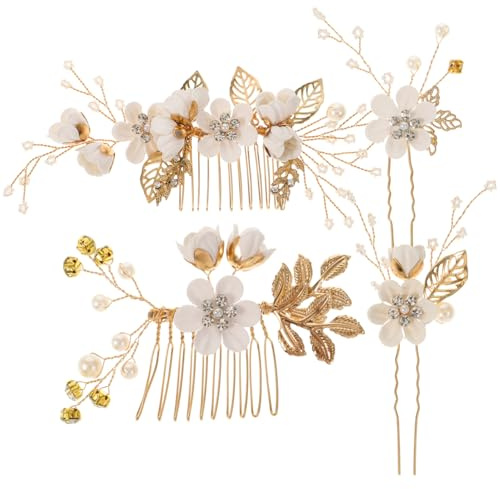 Hemobllo 4 Stück Haarschmuck Hochzeit, Floral Braut Kopfbedeckung, Kristall Perlen Haarkamm, U-förmig Braut Haarnadeln für Frauen Mädchen Weiß Bridal Flower Side Hair Clips