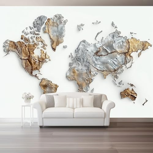 3D Papel Pintado Arte Moderno Mapas Texturas Metálicas. Para Pared – Mural Decorativo Impermeable Para Dormitorio Y Sala Oro Plata– Papel Tapiz Fotomurales De Pared 400 X 280 Cm