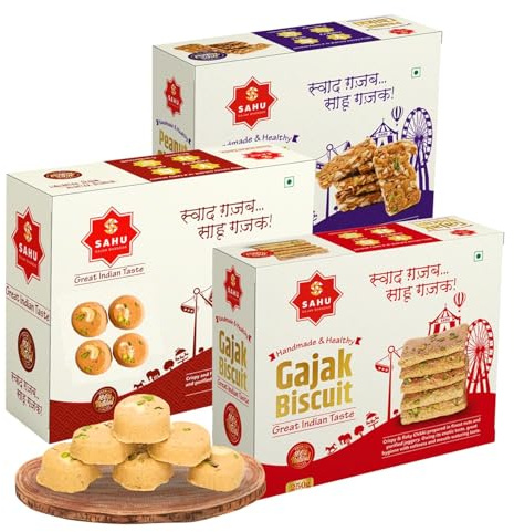 GAJAK BHANDAR – Traditional Indian Sweets Gift Box (3 × 250 g): Gajak Biscuit, Peanut Chikki & Cham Cham – Healthy Jaggery & Sesame Snack, Festival Gift