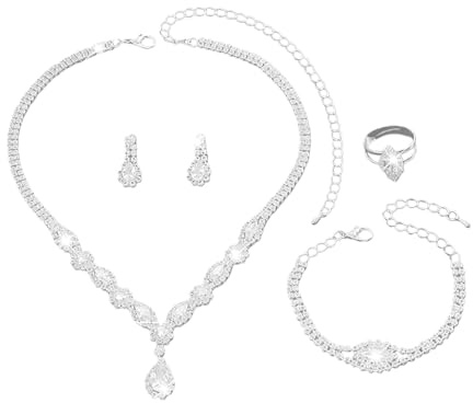 XFSRG Donna Parure Gioielli Matrimonio Parure per Sposa Rhinestone Goccia Pendente Collana Bracciale Orecchini Anello Set Regalo Natale Compleanno Festa Della Mamma (Argento)