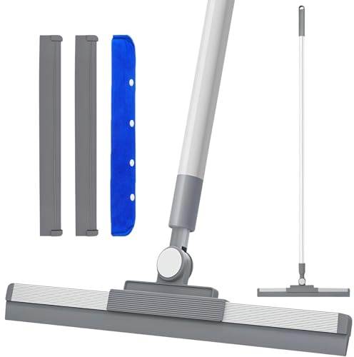 Floor Squeegee Long Handle with 180° Rotating Head, Rubber Broom Wet Room Floor Squeegee & Microfiber Scrubber, 2 in 1 Extendable Window Cleaning Kit for Shower Glass