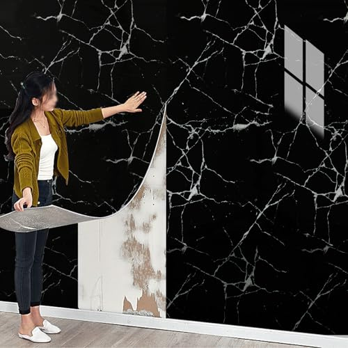 Tarwanear Marble Black Tile Stickers 300cm x 40cm Self Adhesive Wallpaper Waterproof Thermal Insulation Wallpaper Peel and Stick Wall Panels PVC Stick On Kitchen Home Wall Bathroom Decor, 10Rolls