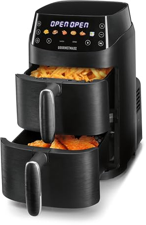 GOURMETmaxx FryUp Vertikal varmluftsfritös med dubbla kammare XS | Varmluftsfritös med flerfärgad LED-pekskärm | 2 kammare (2 x 2,5 L)