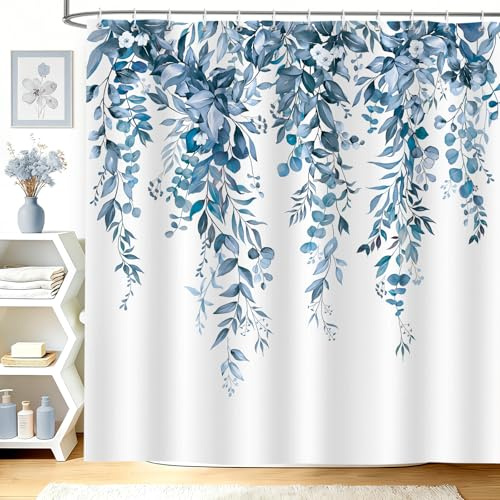 hometrixx Tenda Doccia 180x200 Acquerello Eucalipto Foglie Fiori Blu Bianco | Impermeabile Poliestere, Antimuffa, Anti Grince, Tenda Vasca da Bagno con 12 Ganci, Lavabile in Lavatrice per Casa Hotel