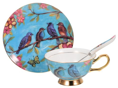 SAFIGLE Juego de Taza y Platillo de Café de Porcelana China Vintage, Tamaño Estándar, Color Azul con Línea Dorada, Incluye Cuchara, Adecuado para Té y Café en Ocasiones Color Aleatorio