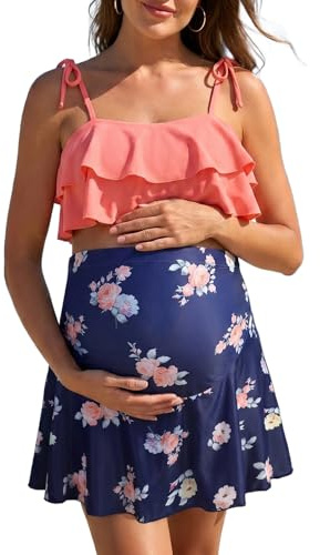 SHEKINI Maternity Swimsuit for Women High Waisted Skirt Tankini Set Pregnancy Bathing Suits Two Piece Swimwear with Pockets