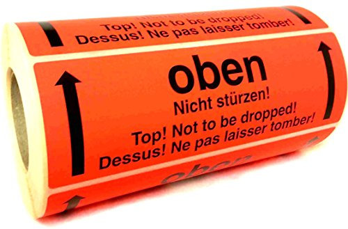Warnetiketten Oben nicht stürzen 149 x 48 mm - 500 Stk. je Rolle - leuchtrot (Leuchtfarbe fluoreszierend) - stark haftend. Hinweisetiketten/Versandetiketten