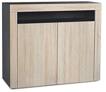 Vladon Buffet Valencia, Commode avec 2 Portes et 1 Compartiment Ouvert, Noir Mat/chêne Brut/chêne Brut (108 x 92 x 40 cm)