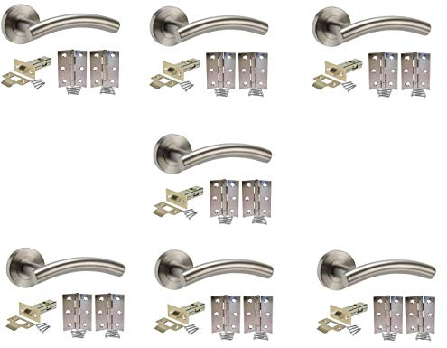 Jiyo.Outdoor Arched T-Bar Handle Pack, 7 Sets, Satin Stainless Steel | Supplied with spindles, screws, tubular latches, and hinges for quick internal fitting on a neat 52mm rose backplate.