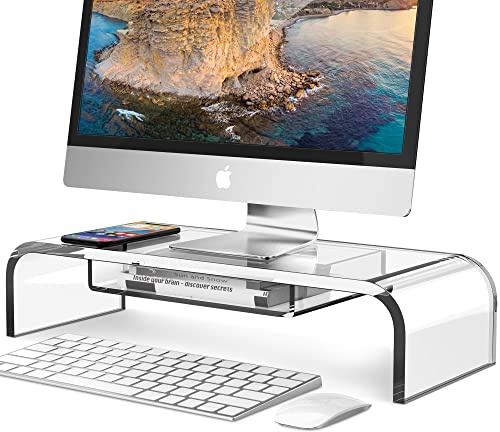 DeskLogics Monitorständer aus Acryl mit Schublade – 51.6 cm größere Größe – DeskLogics Single Clear PC Desktop Monitorhalter für Schreibtisch, Tastatur-Aufbewahrung, Laptop, Zuhause, Büro