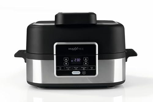 MAXXMEE Multi-Grill mit Heißluft-Funktion 1500w | Ober-/Unterhitze Tischgrill Antihaftbeschichtung | XL Garraum 4,5L zum Perfekten BBQ Look | 5 Programme & LED Display [Schwarz Silber/Kunstoff Stahl]
