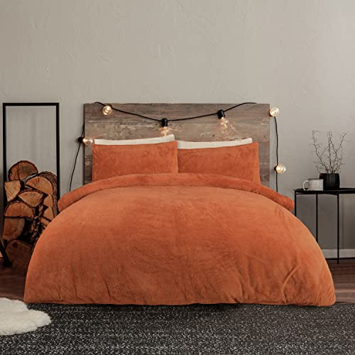 Sleepdown Teddy Fleece Rust Orange Duvet Cover Quilt Bedding Set with Pillowcases Thermal Warm Cosy Super Soft Easy Care Bed Linen - Super King (260 cm x 200 cm)
