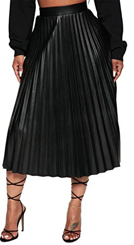 Falda midi de piel sintética para mujer, falda plisada de cintura alta, color sólido, falda acampanada de cuero, con cremallera, falda larga, Negro, 40