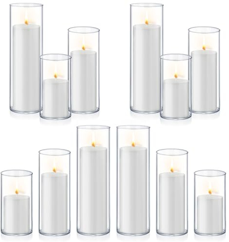 Homjoy 24 PCS White Pillar Candles with Glass Candle Holders Clear Hurricane Candle Holders Glass Cylinder Vases for Centerpieces Wedding Party, Event, Home Office (12 Candles+12 Candle Hoders)