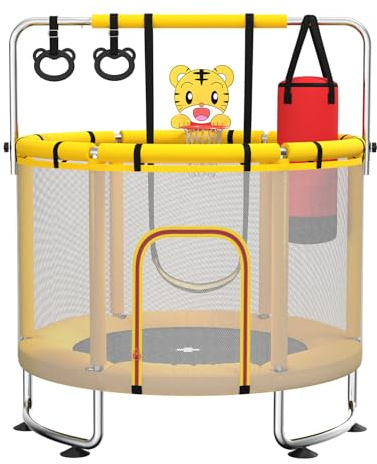 MaxBinTon Trampoline pour Enfants 140 cm intérieur/extérieur – Charge maximale 50 kg avec Filet de sécurité, Barre de Gymnastique réglable et Panier de Basket, Cadeau pour garçons et Filles