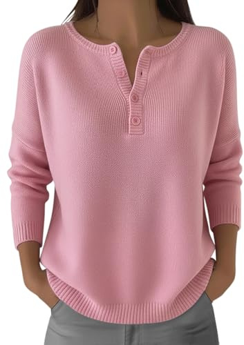 Tomwell Pull Femme Chaud Couleur Unie Pulls en Tricot Manche Longue Haut Col Rond Bouton Pullover