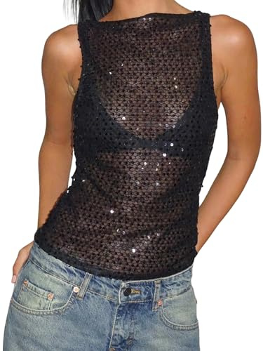 Canotta da donna con paillettes scintillanti, sexy, senza maniche, trasparente, estiva, aderente, per feste e discoteche, A-Nero, L