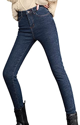 Damjeans stretch hög midja skinny termojeans damer vinter fodrade svarta jeansleggings smal passform jeansbyxor med knappslå termobyxor fleece damjeans plysch vinterbyxor med fickor tubjeans, blå, M