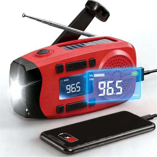 Notfall-Solarradio,Faizer®, kurbelradio,Selbstbetriebenes Kurbelradio mit LED-Taschenlampe, SOS-Alarm,AM/FM/WB Wetter Wind Up Radio mit 2000mAh Akku für Notladung von Smartphone (Rot V2)