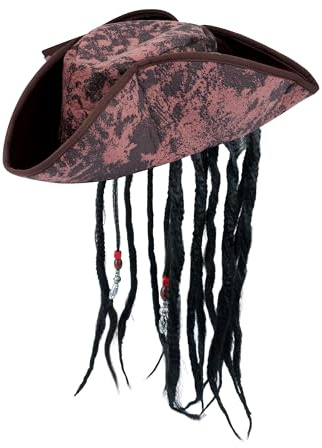 HENBRANDT Deluxe Brown Pirate Hat with Hair Braids and Beads Caribbean Pirate Captain Dress Up Imaginative Play Halloween Fancy Dress Costume Accessory for Kids and Adults