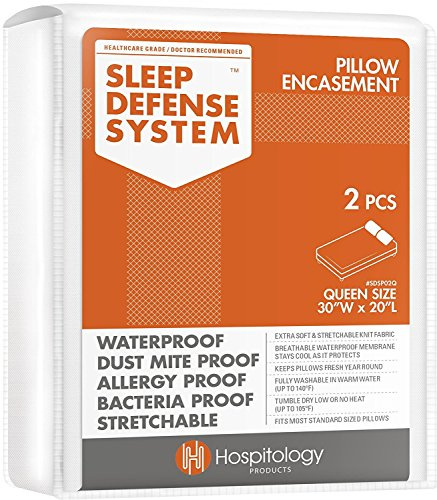 HOSPITOLOGY PRODUCTS Pillow Encasement- Zippered Bed Bug Dust Mite Proof Hypoallergenic - Sleep Defense System - Queen - Waterproof - Set of 2 - 20 H x 30 W