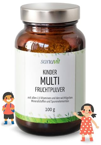 Sanuvit® Kinder Multivitamin-Fruchtpulver | 100 g Glas | 13 Vitamine und 8 Mineralstoffe | leckere und zuckerfreie Fruchtmischung | speziell entwickelt für Kinder | rein natürlich