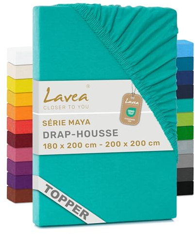 Lavea® Topper Spannbettlaken 180x200 cm - 200x200 cm - Türkis | Maya 100% Jersey Baumwolle – Weiches Spannbetttuch Topper bis 10 cm, atmungsaktives Bettlaken, formstabil & pflegeleicht