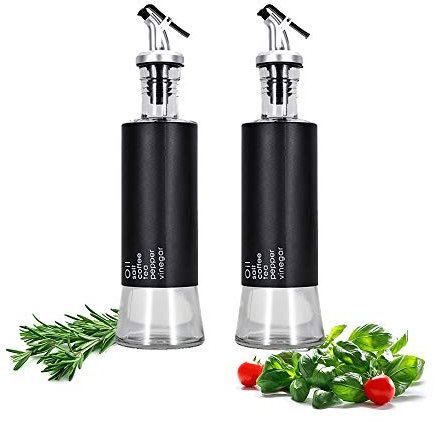 HARLIANGXY Juego de 2 botellas de aceite de oliva y vinagre de acero inoxidable transparente, botella de aceite de vidrio a prueba de fugas, 300 ml