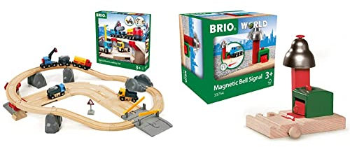 BRIO Bahn 33210 - Straßen & Schienen Steinverlade Set & World 33754 Magnetisches Glockensignal – Eisenbahnzubehör Holzeisenbahn – Kleinkinderspielzeug empfohlen für Kinder ab 3 Jahren