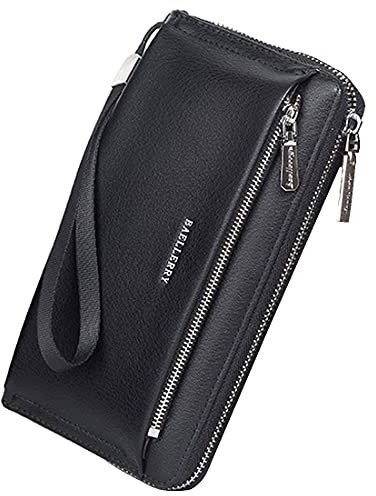 A-QMZL Lange Brieftasche für Herren, Handgelenktasche, große Kapazität, Herren-Clutch, Leder-Geldbörse, Handyhülle, Geldbörse, Kartenhalter, Herren-Handtasche mit Handschlaufe, Schwarz