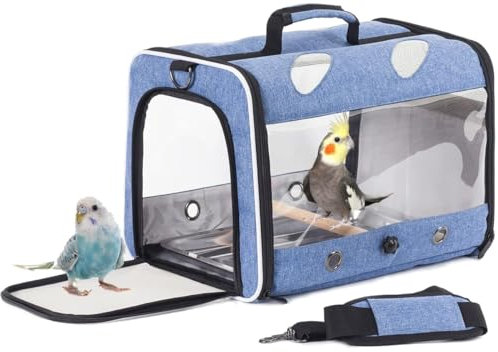 Interfashioner® Vogelreisetasche für Sittiche, Papageien, Nymphensittiche, kleine Vögel, Vogelreisetasche mit Metallwanne und Stehstange (blau)