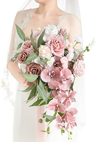 Ling's moment Dusty Rose Bridal Bouquet Cascading, Pink Wedding Bouquets for Bride, 15 Inch Bride Bouquet Orchids Artificial Wedding Flower Bouquet