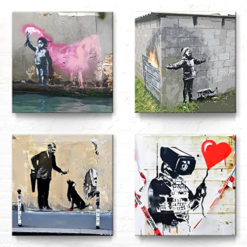 Banksy Bilder 4-er Set als Leinwandbilder. Jedes Bilderset-C Wandbild ist 50x50cm groß und Aufhängefertig zum Dekorieren. Banksy Graffiti Kunst für die 4 Wände. Ideal auch zum verschenken