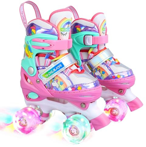Kinder Einhorn Rollschuhe für Mädchen.Geeignet für 2-4 Jahre alt. Mit Leuchtenden Rädern,4-Pejiijar Verstellbar Anfänger Quad Roller Skates für Weihnachts und Geburtstags Geschenke