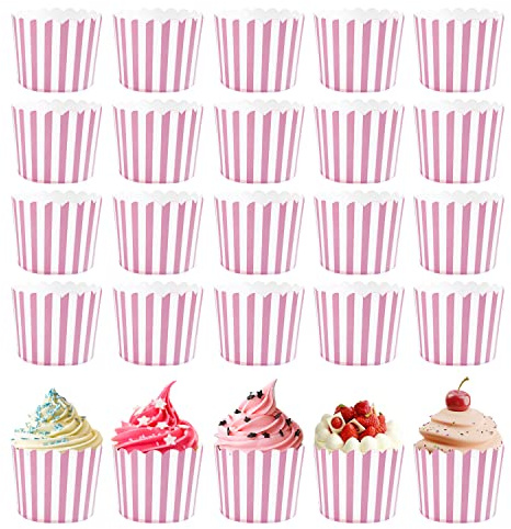 50 Pieces of Pink and White Striped Paper Cups, Cake Paper Cups, Baking Decorations, Muffin Cake Making Accessories, Suitable for Cakes, ice Cream, Desserts, for Weddings, Birthday Parties, etc.