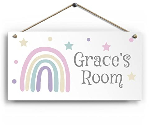 Personalised Children's Bedroom Door Sign. Custom Name Plaque. Gloss Metal. Pastel Rainbow Nursery Wall Art for Girls Boys Baby Room Decor