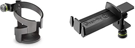 Gravity GMADRINKM Getränkehalter für Mikrofonstative Schwarz & GHPHTC01B Kopfhörerhalter für Tischmontage schwarz
