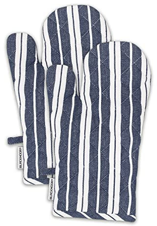 Blackmoor Pair of Oven Gloves/Set of 2 Heat Resistant Cotton Kitchen Mitts for Home Cooking, BBQ, Grilling, Baking/Grey or Navy Stripe with Hanging Loop (Navy)