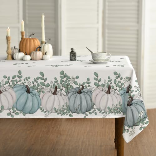 Horaldaily Herbst Tischwäsche 84x84 cm Quadratisch, Erntedankfest Herbsternte Blaues Kürbis Eukalyptus Tischdecke für Party Picknick Abendessen Dekor