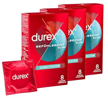 Durex Gefühlsecht Slim Fit Kondome – Hauchzarte Kondome mit schmaler Passform für intensives Empfinden – 3er Pack (3 x 8 Stück)