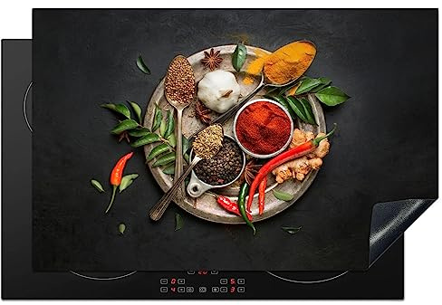 KitchenYeah© Herdabdeckplatte Einteilig Küche Ceranfeld Abdeckplatte | 80x52 cm - Cerankochfeld Abdeckung Induktionskochfeld Schutzmatte Gewürze - Paprika - Löffel - Kräuter - Gemüse