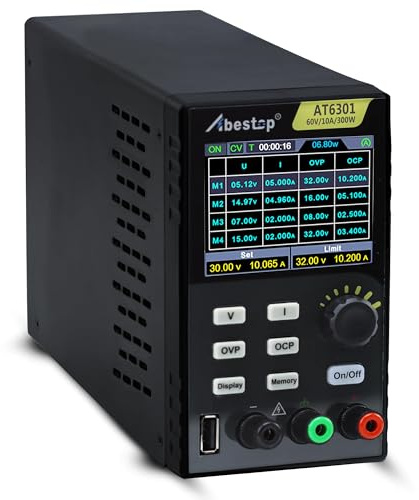 Abestop AT6301 DC Power Supply, 60V/10A/300W Adjustable DC Bench Power Supply with 10mV / 1mA High Resolution with 2.8 inch LCD Display, 5V 1A USB Output | High Precision with 10mV / 1mA High Resolution 2.8 inch LCD Display, USB Port